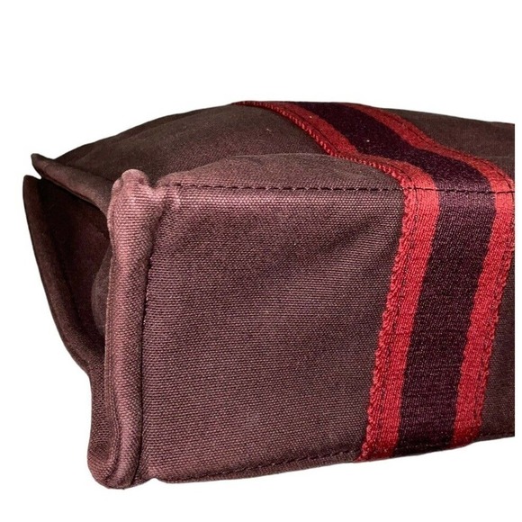 HERMÈS Hermes Canvas Bag Fourre Tout Small Stripe Burgundy Maroon Tote Bag Purse - Picture 11 of 15